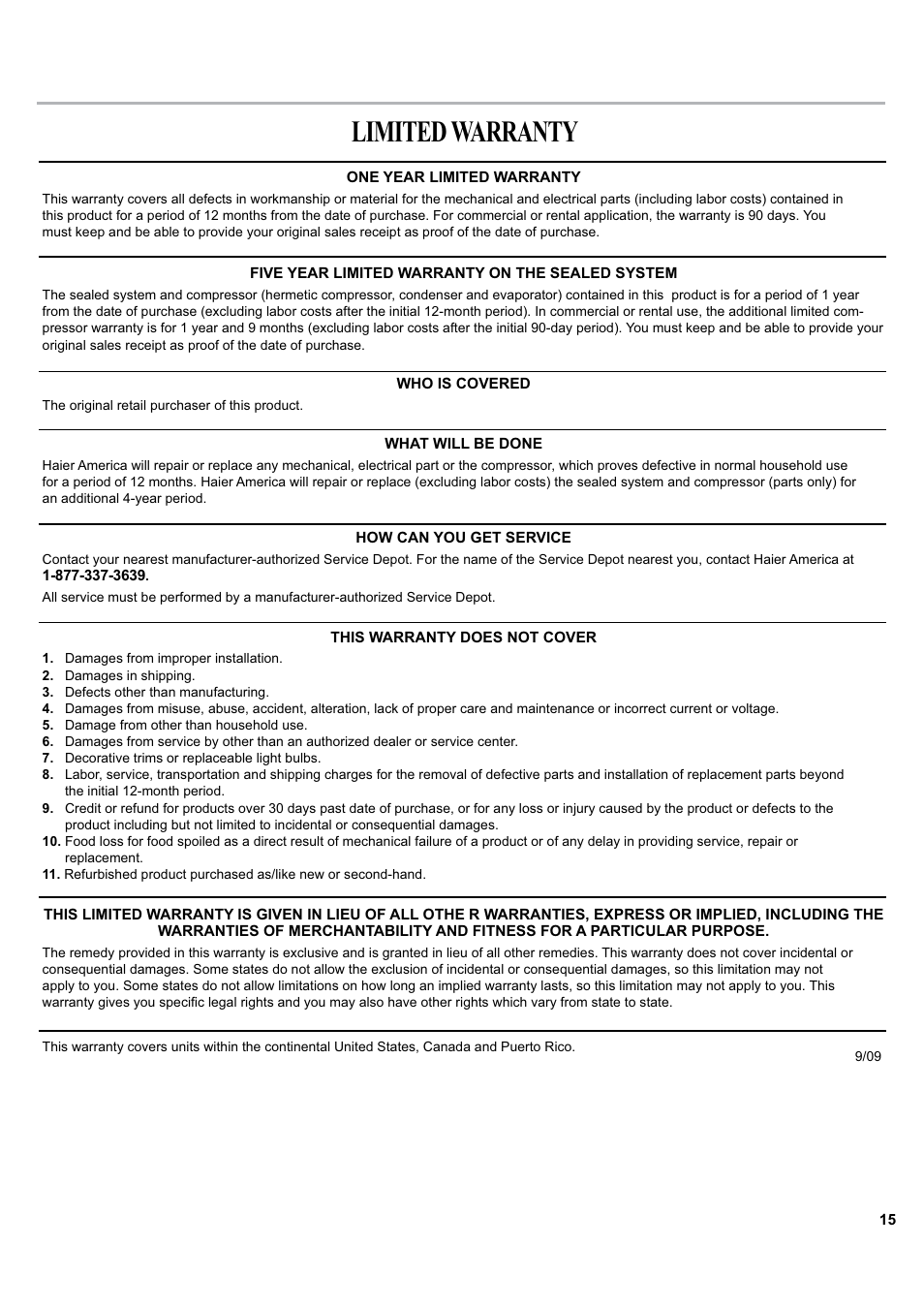Limited warranty | haier ESA405K User Manual | Page 15 / 44