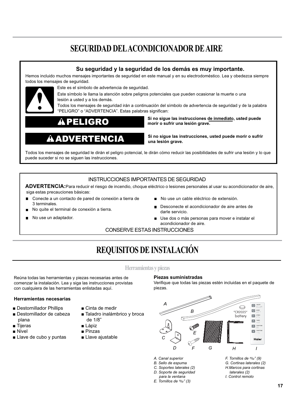 Peligro advertencia, Herramientas y piezas | haier ESA405K User Manual | Page 17 / 44