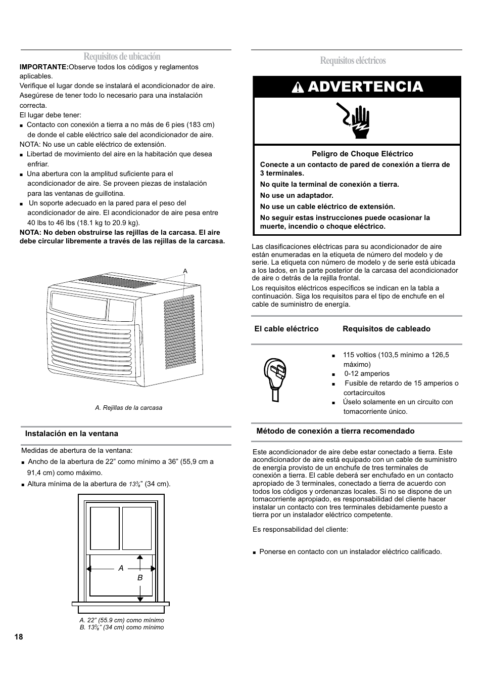 Advertencia, Requisitos de ubicación, Requisitos eléctricos | haier ESA405K User Manual | Page 18 / 44