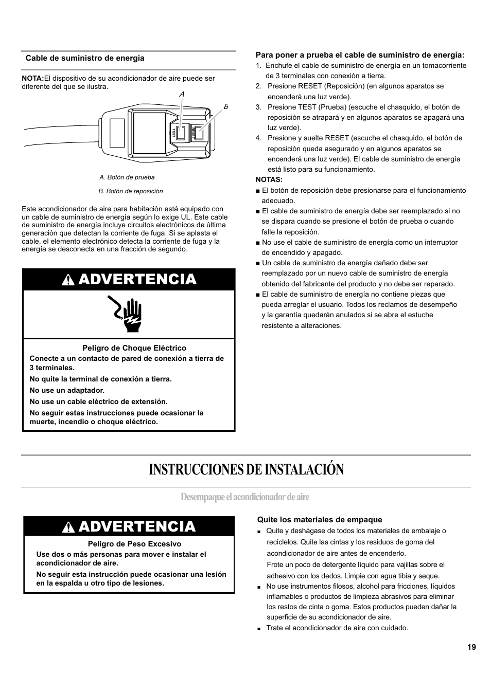 Instrucciones de instalación, Advertencia, Desempaque el acondicionador de aire | haier ESA405K User Manual | Page 19 / 44