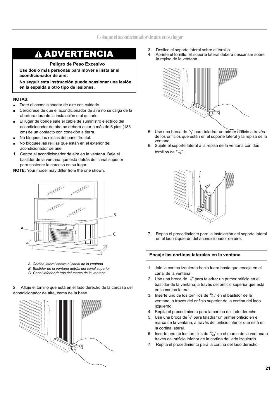 Advertencia, Coloque el acondicionador de aire en su lugar | haier ESA405K User Manual | Page 21 / 44