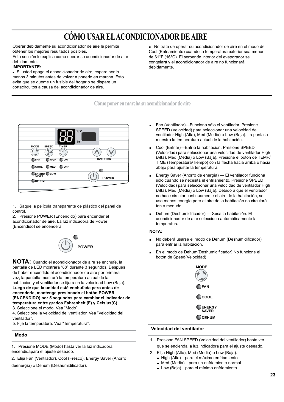 Cómo usar el acondicionador de aire, Cómo poner en marcha su acondicionador de aire, Nota | haier ESA405K User Manual | Page 23 / 44