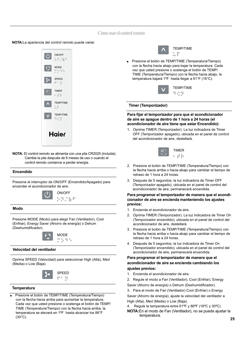 Cómo usar el control remoto | haier ESA405K User Manual | Page 25 / 44