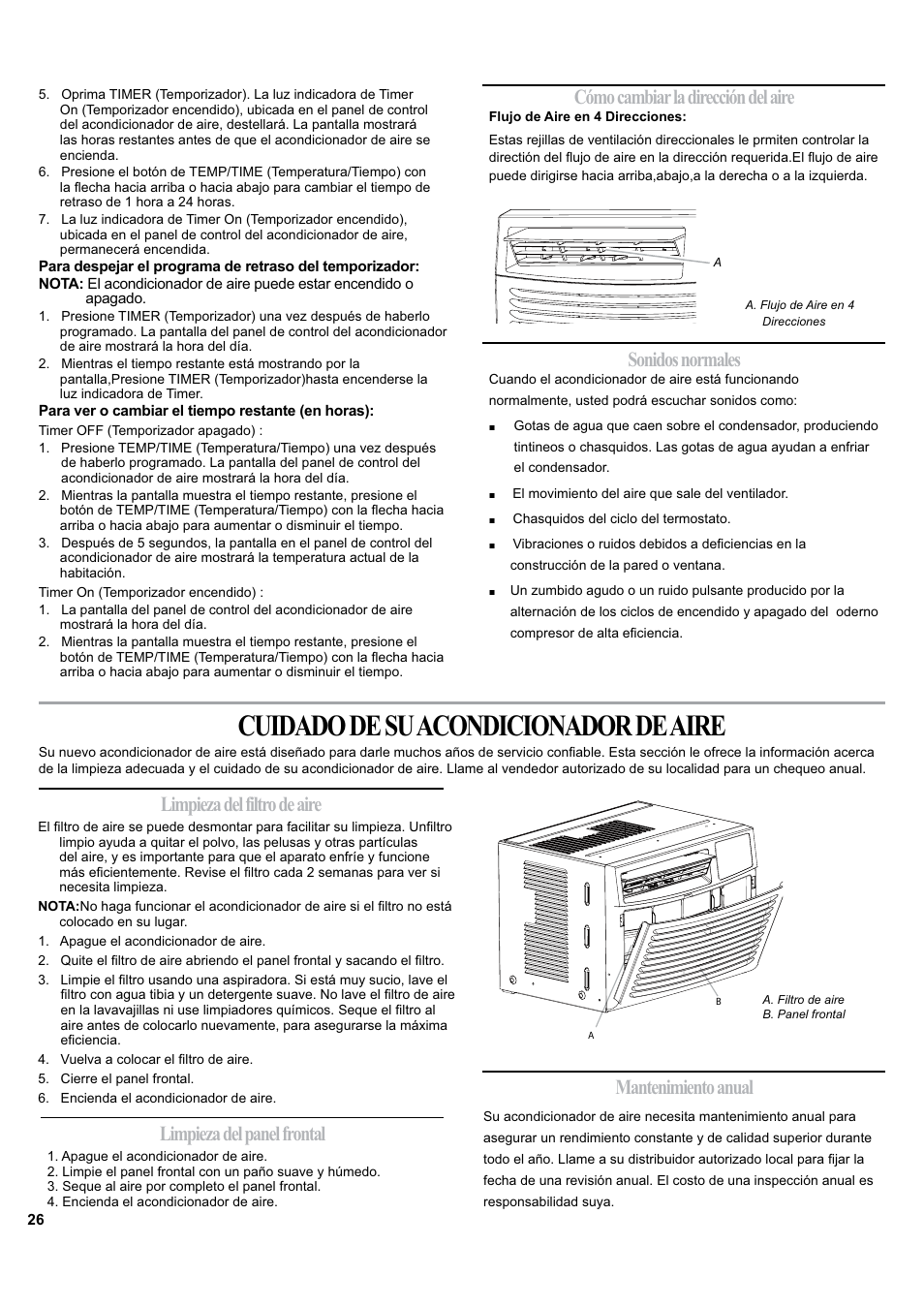 Cuidado de su acondicionador de aire, Cómo cambiar la dirección del aire | haier ESA405K User Manual | Page 26 / 44