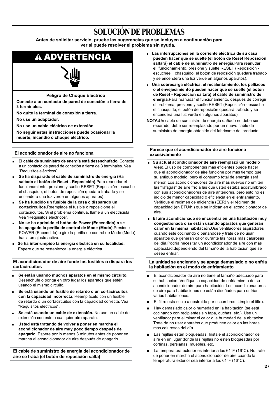 Solución de problemas, Advertencia | haier ESA405K User Manual | Page 27 / 44