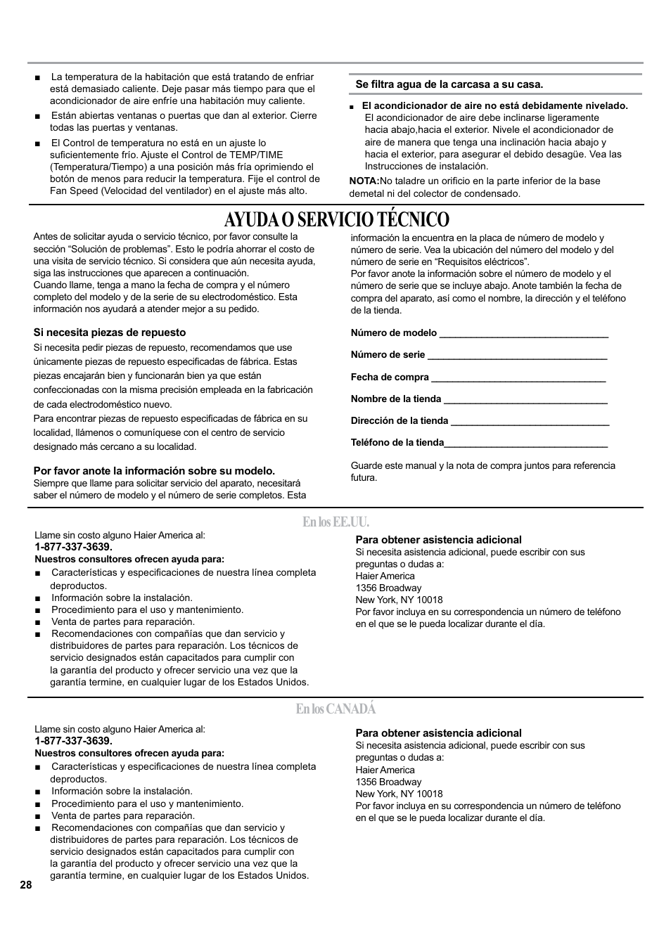 Ayuda o servicio técnico, En los ee.uu. en los canadá | haier ESA405K User Manual | Page 28 / 44