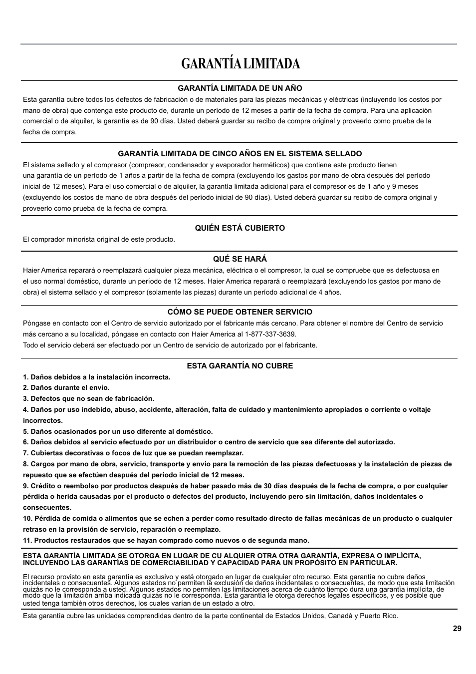 Garantía limitada | haier ESA405K User Manual | Page 29 / 44