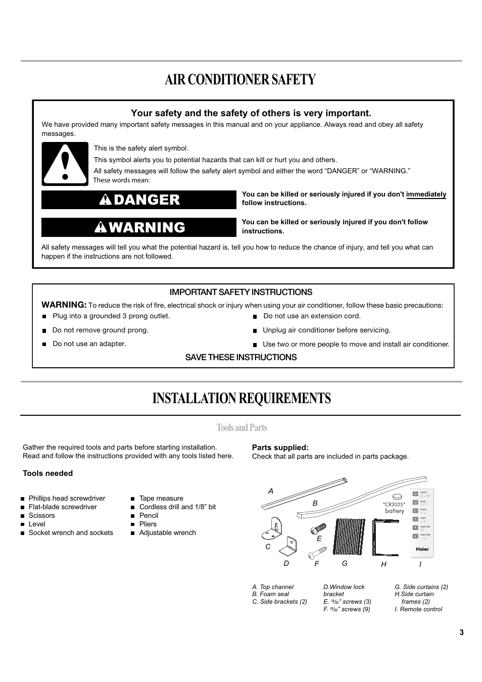 Air conditioner safety installation requirements, Danger warning, Tools and parts | haier ESA405K User Manual | Page 3 / 44