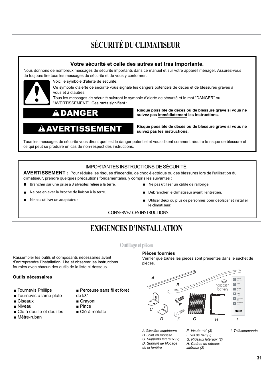 Sécurité du climatiseur exigences d’installation, Danger avertissement, Outillage et pièces | haier ESA405K User Manual | Page 31 / 44