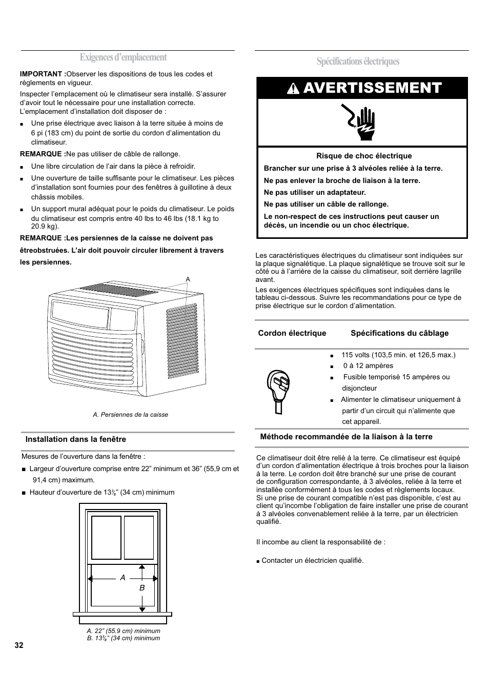 Avertissement, Exigences d’emplacement, Spécifications électriques | haier ESA405K User Manual | Page 32 / 44