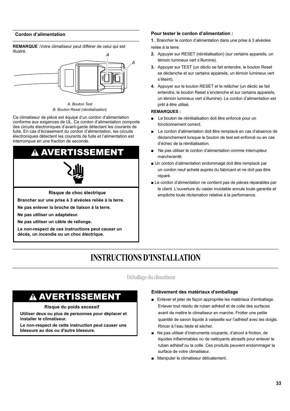 Instructions d’installation, Avertissement, Déballage du climatiseur | haier ESA405K User Manual | Page 33 / 44