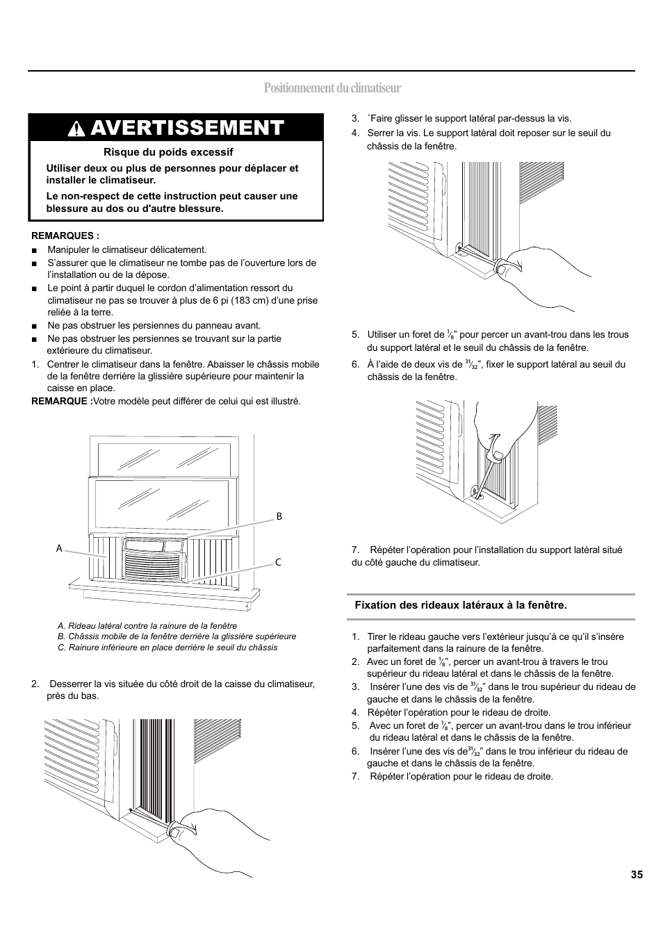 Avertissement, Positionnement du climatiseur | haier ESA405K User Manual | Page 35 / 44