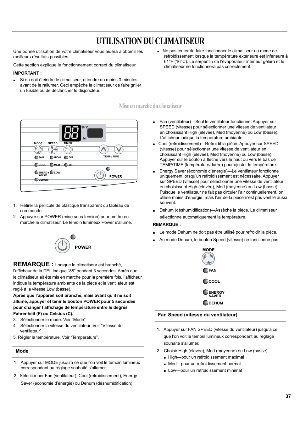 Utilisation du climatiseur, Mise en marche du climatiseur, Remarque | haier ESA405K User Manual | Page 37 / 44