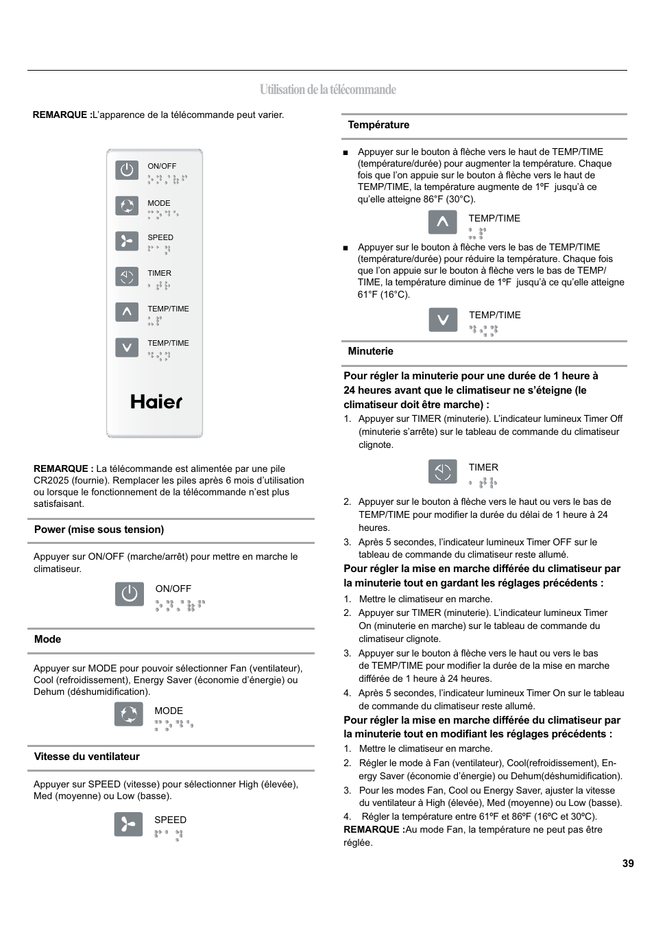 Utilisation de la télécommande | haier ESA405K User Manual | Page 39 / 44