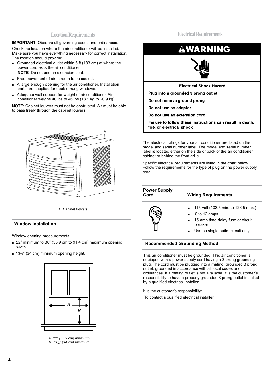 Location requirements, Electrical requirements | haier ESA405K User Manual | Page 4 / 44