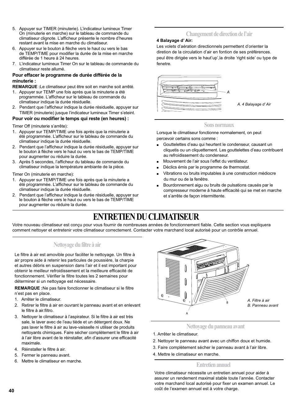 Entretien du climatiseur, Changement de direction de l’air, Entretien annuel | haier ESA405K User Manual | Page 40 / 44