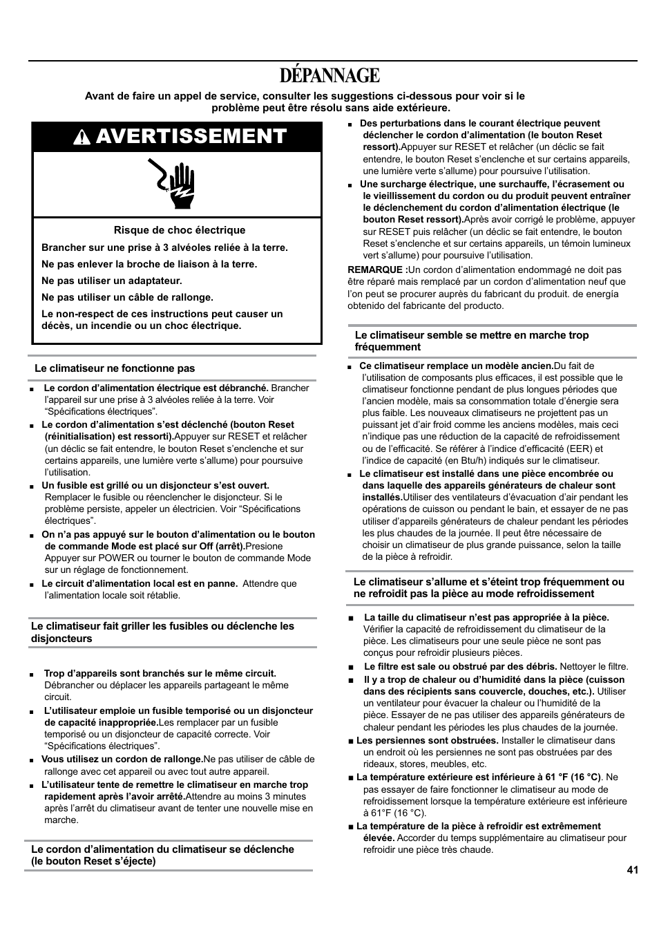 Dépannage, Avertissement | haier ESA405K User Manual | Page 41 / 44