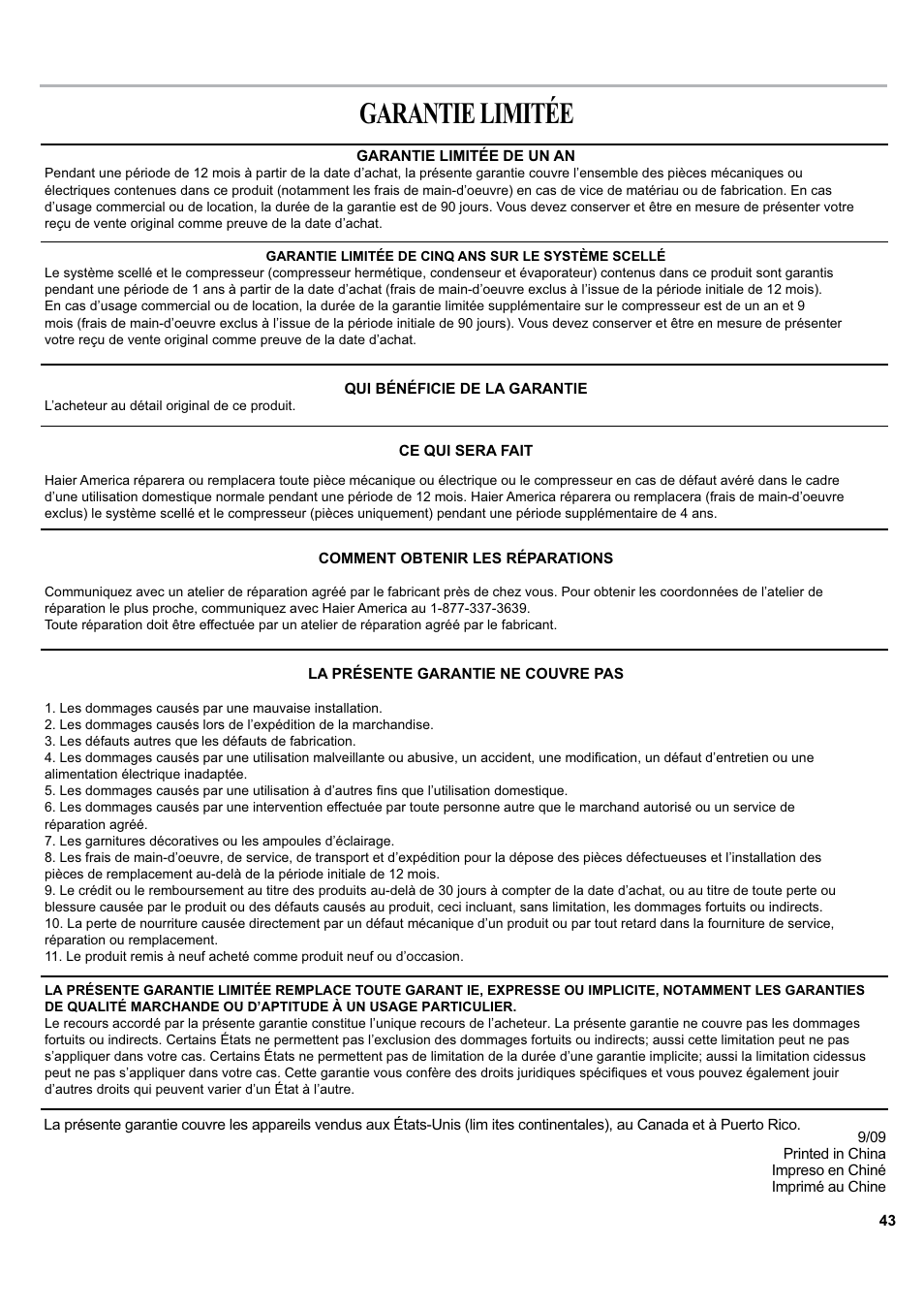Garantie limitée | haier ESA405K User Manual | Page 43 / 44