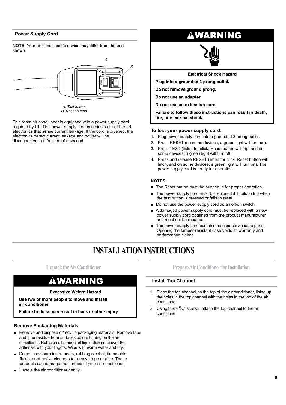 Installation instructions | haier ESA405K User Manual | Page 5 / 44