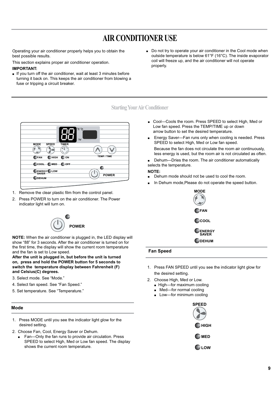 Air conditioner use, Starting your air conditioner | haier ESA405K User Manual | Page 9 / 44