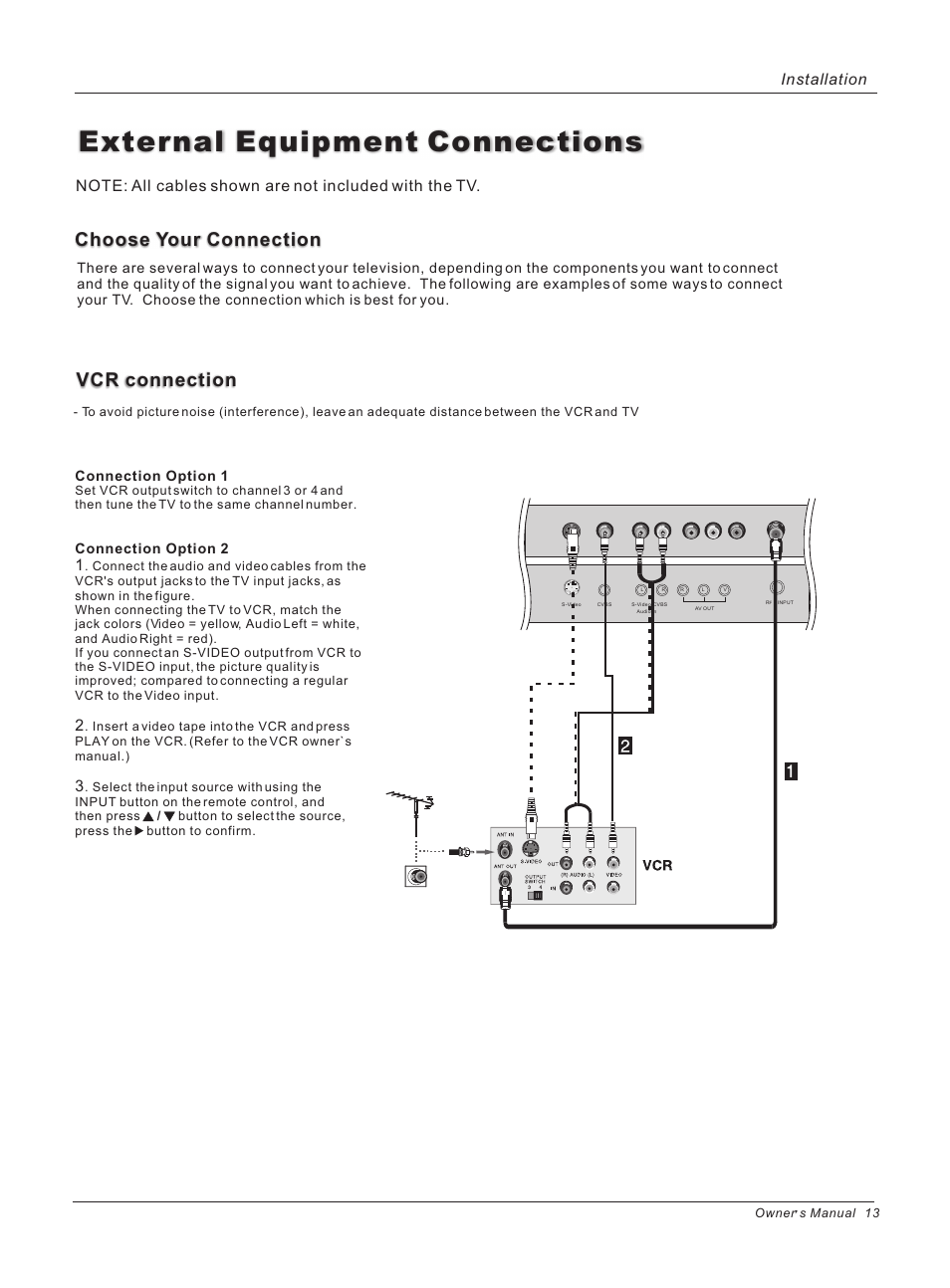 External equipment connections, Vcr connection, Choose your connection | Installation, Connection option 1, Connection option 2 | haier 42HP25BAT User Manual | Page 13 / 50