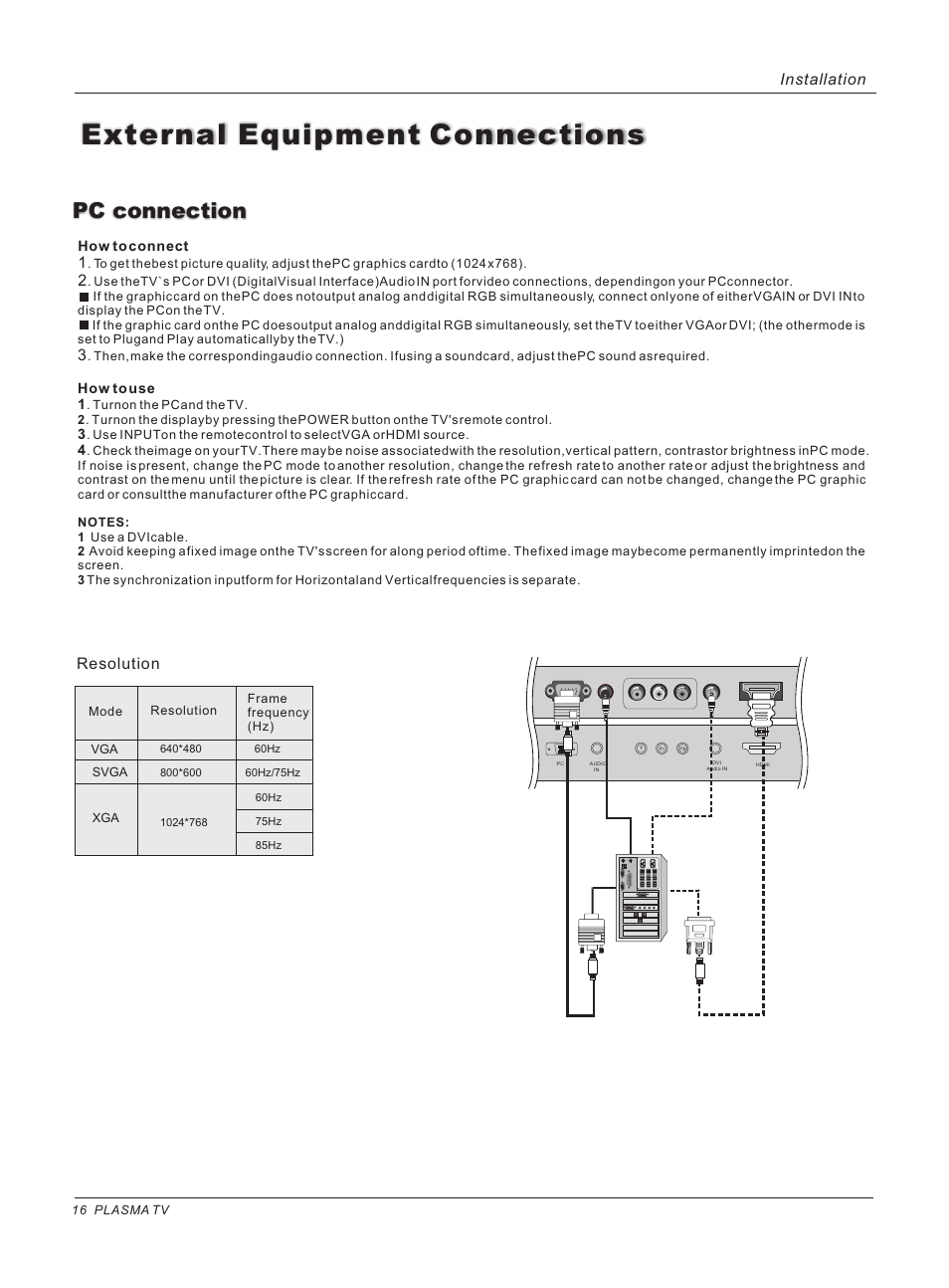 External equipment connections, Pc connection, Resolution | Installation | haier 42HP25BAT User Manual | Page 16 / 50