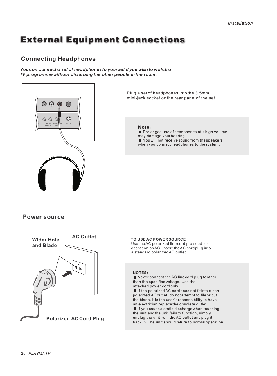 External equipment connections, Power source, Connecting headphones | Installation | haier 42HP25BAT User Manual | Page 20 / 50