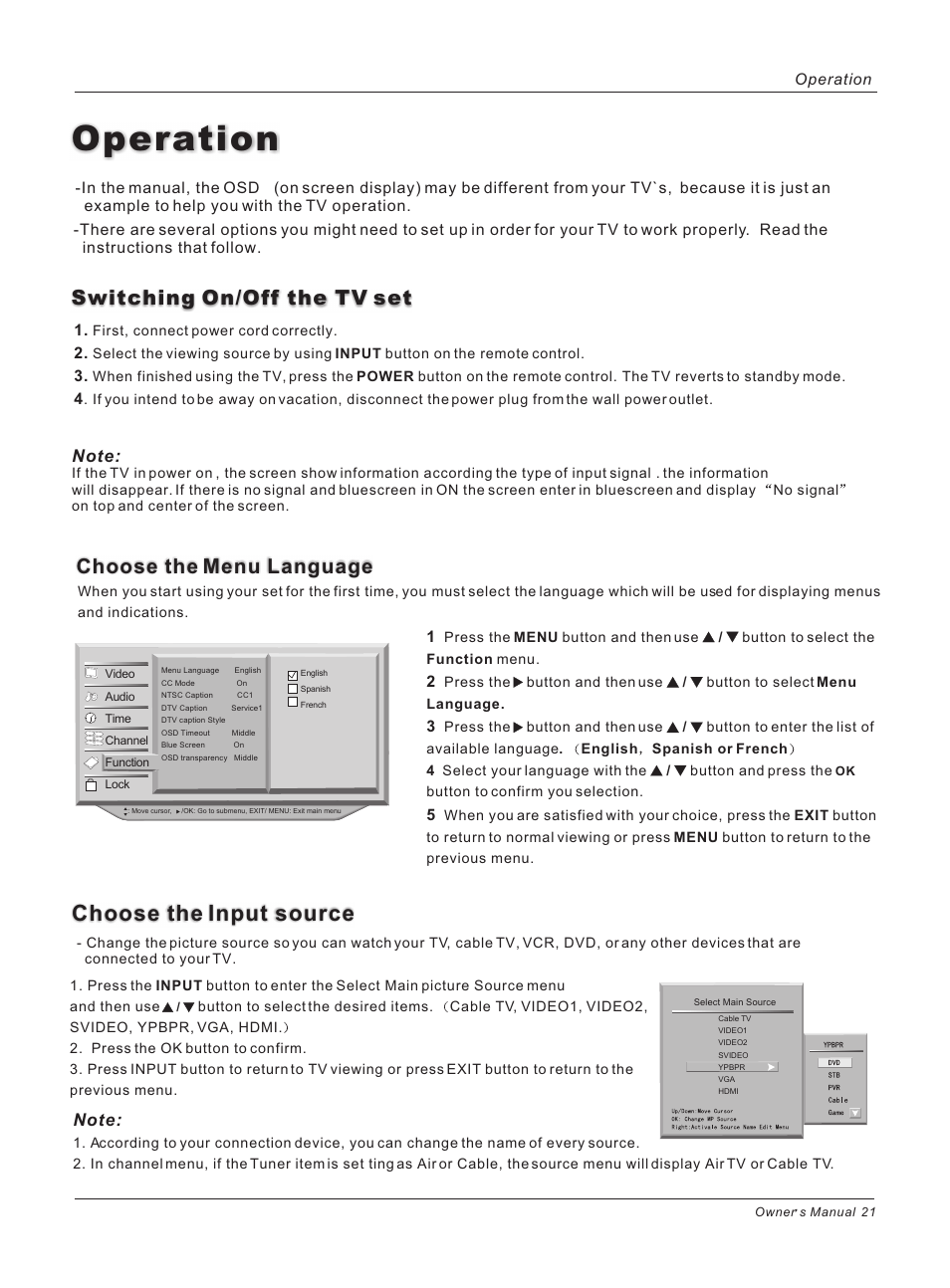 Operation, Choose the input source | haier 42HP25BAT User Manual | Page 21 / 50