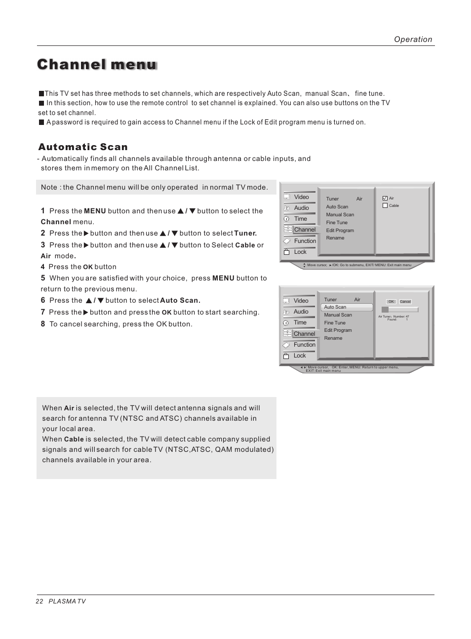 Channel menu, Automatic scan, Operation | haier 42HP25BAT User Manual | Page 22 / 50