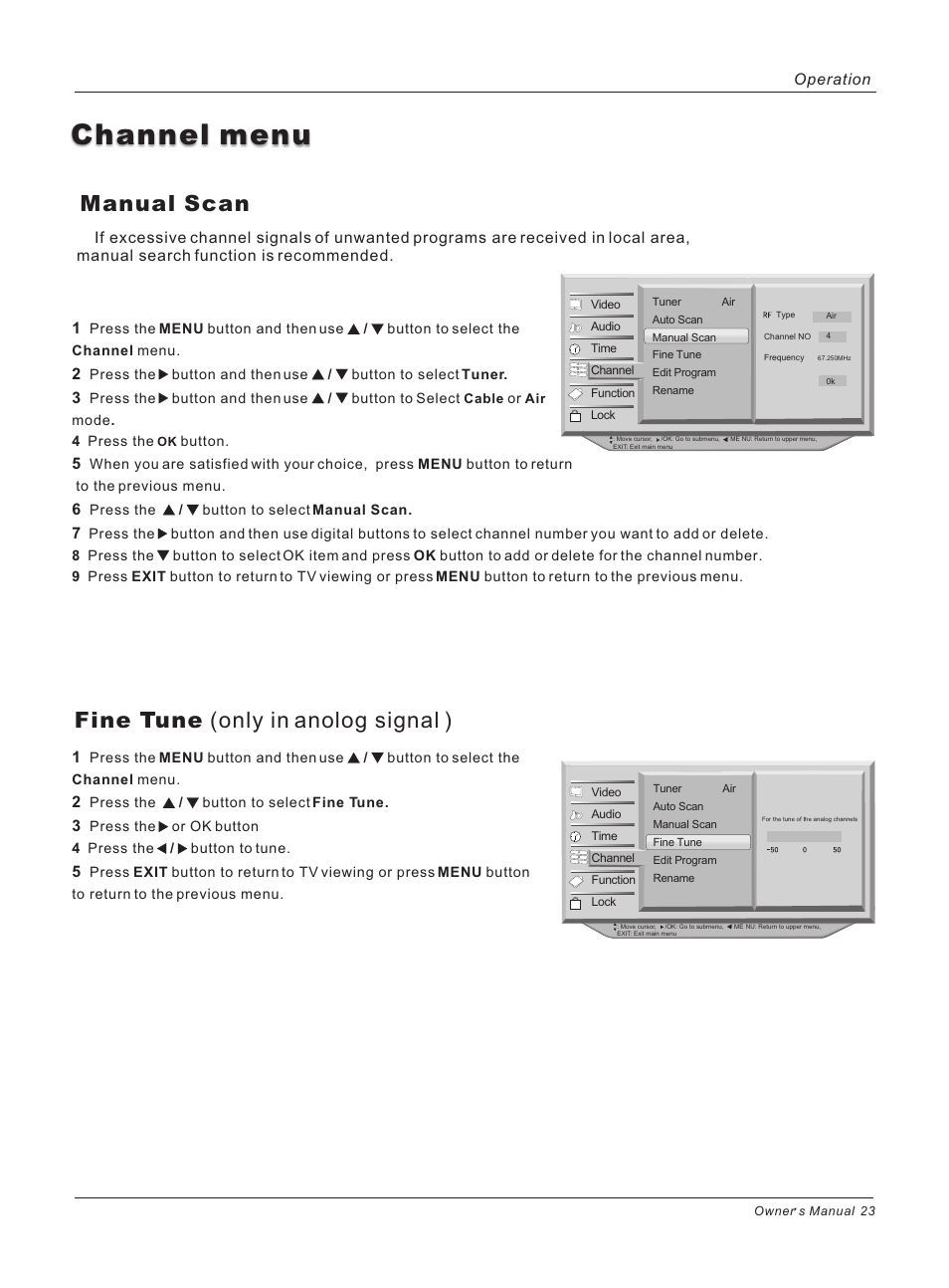 Channel menu, Manual scan, Fine tune (only in anolog signal ) | Operation | haier 42HP25BAT User Manual | Page 23 / 50