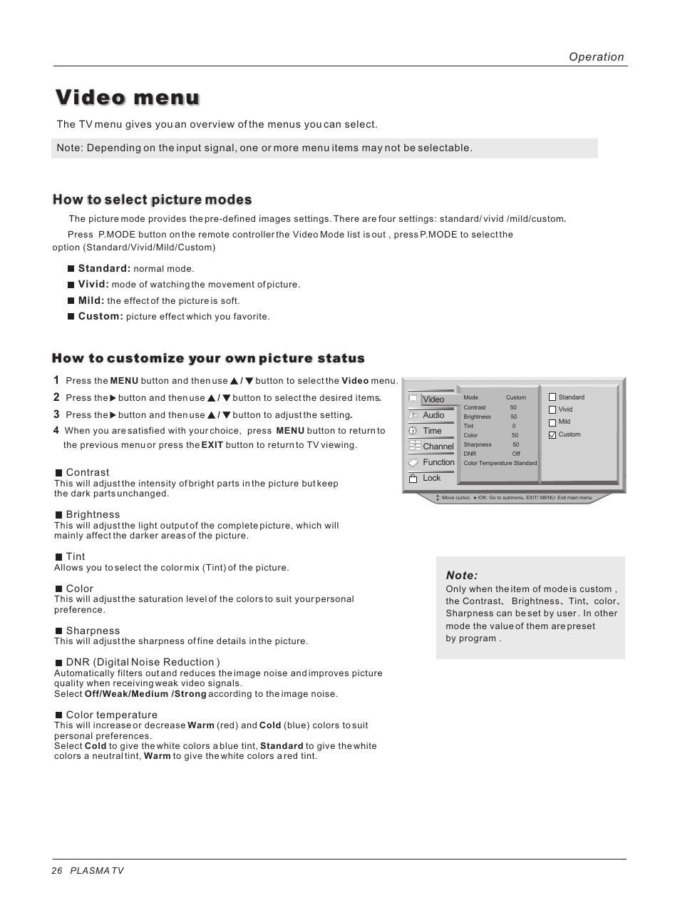 Video menu, How to select picture modes, How to customize your own picture status | Operation | haier 42HP25BAT User Manual | Page 26 / 50