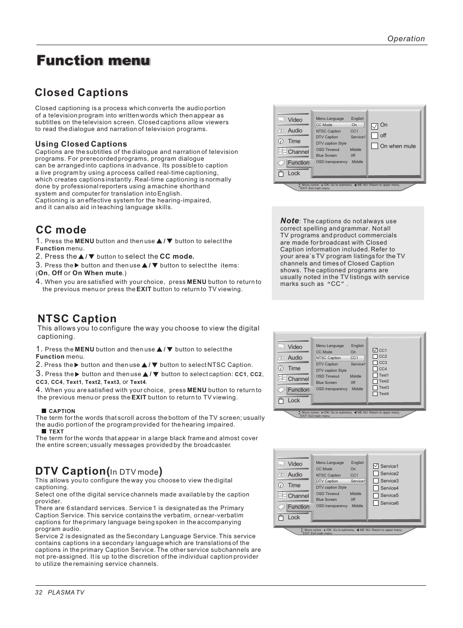 Function menu, Closed captions, Ntsc caption | Dtv caption, Cc mode, Using closed captions, Operation | haier 42HP25BAT User Manual | Page 32 / 50