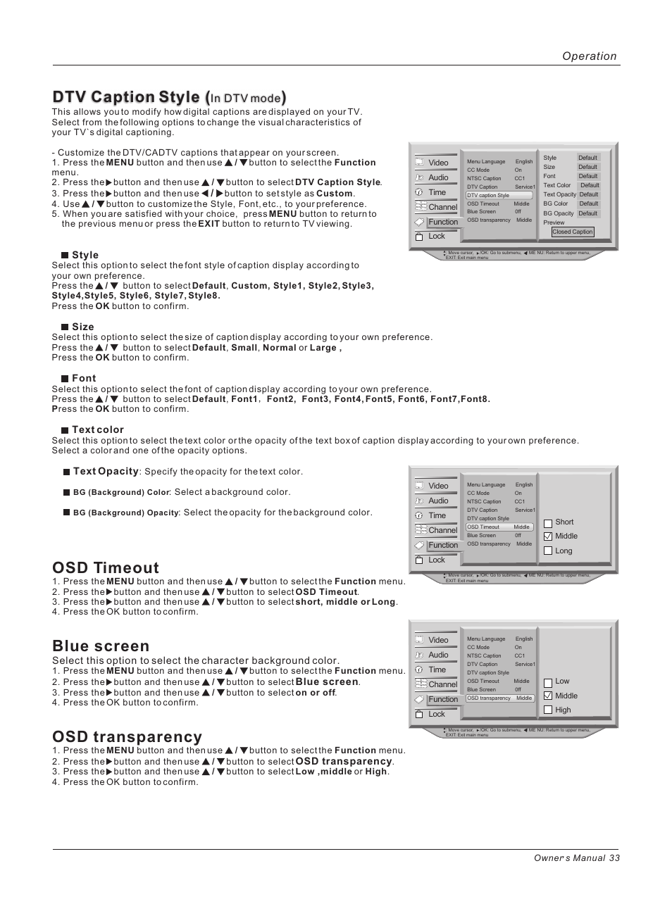 Dtv caption style, Osd timeout, Blue screen | Osd transparency, Operation, Style, Size, Font, Text color, Text opacity | haier 42HP25BAT User Manual | Page 33 / 50