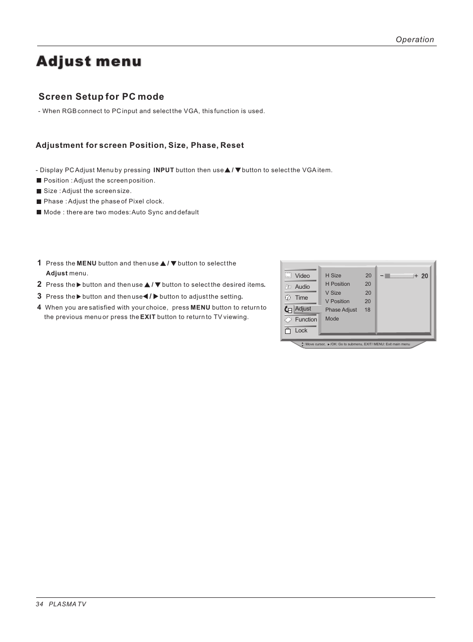 Adjust menu, Screen setup for pc mode | haier 42HP25BAT User Manual | Page 34 / 50