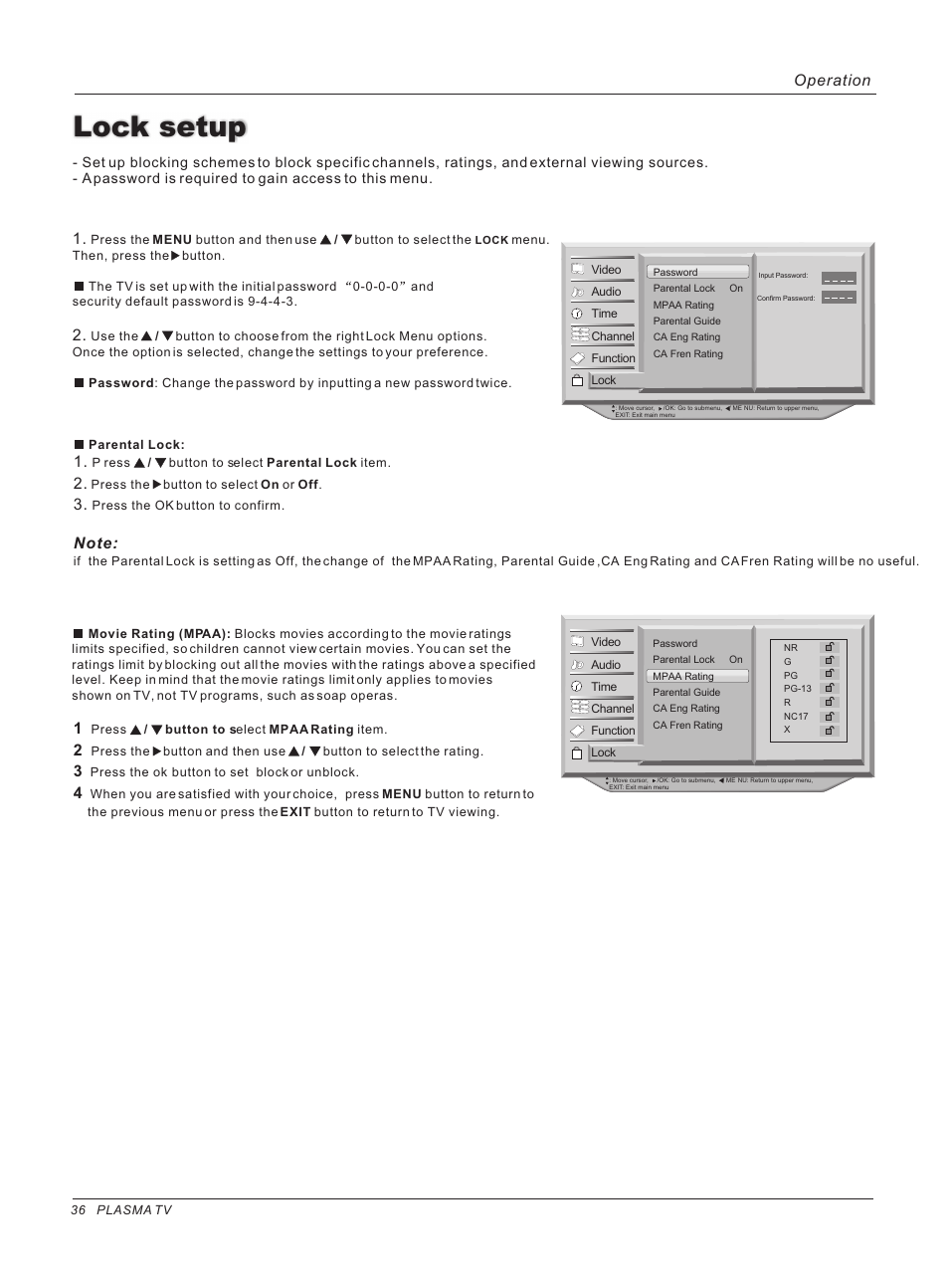 Lock setup, Operation 1 | haier 42HP25BAT User Manual | Page 36 / 50