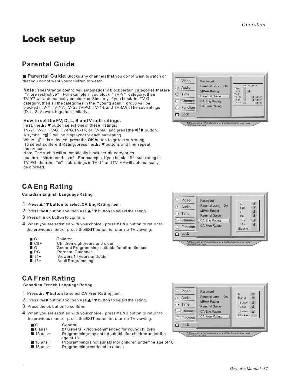 Lock setup, Parental guide ca eng rating ca fren rating, Parental guide | Operation | haier 42HP25BAT User Manual | Page 37 / 50