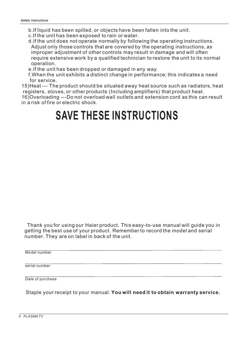 Save these instructions | haier 42HP25BAT User Manual | Page 4 / 50