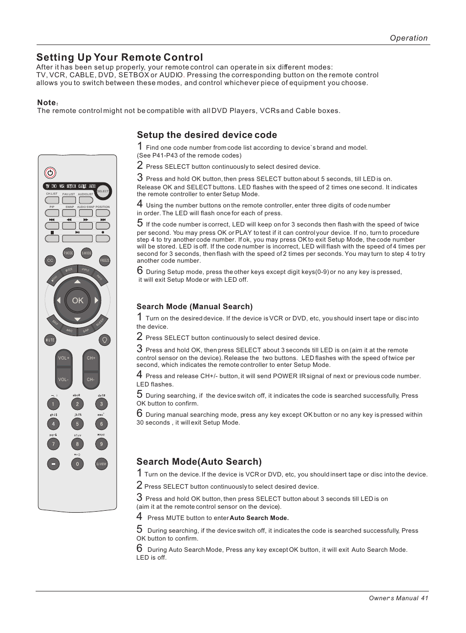 Setting up your remote control, Setup the desired device code, Search mode(auto search) | Search mode (manual search), Operation | haier 42HP25BAT User Manual | Page 41 / 50