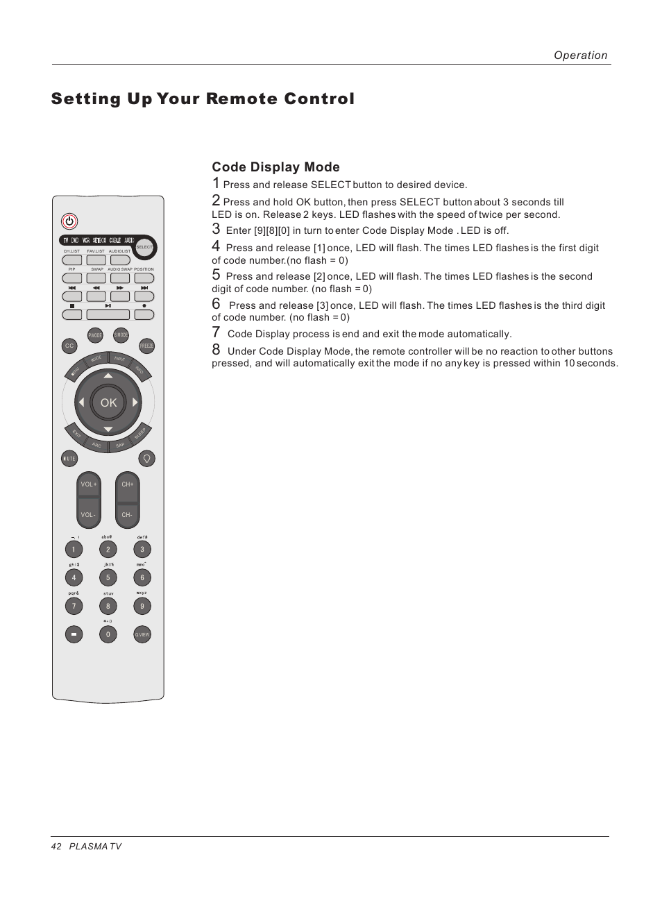 Setting up your remote control, Code display mode, Operation | haier 42HP25BAT User Manual | Page 42 / 50