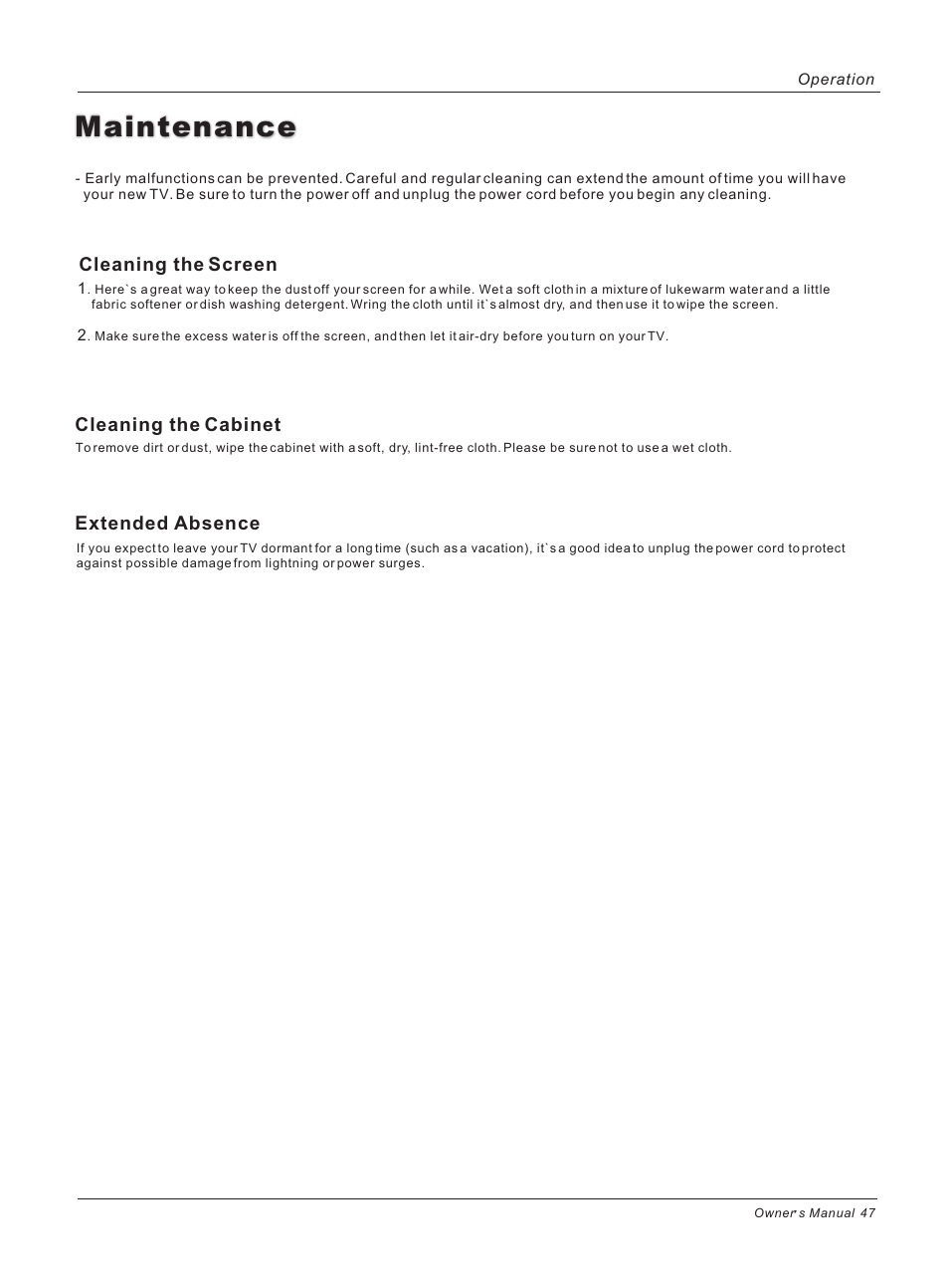 Maintenance, Cleaning the screen, Cleaning the cabinet extended absence | haier 42HP25BAT User Manual | Page 47 / 50