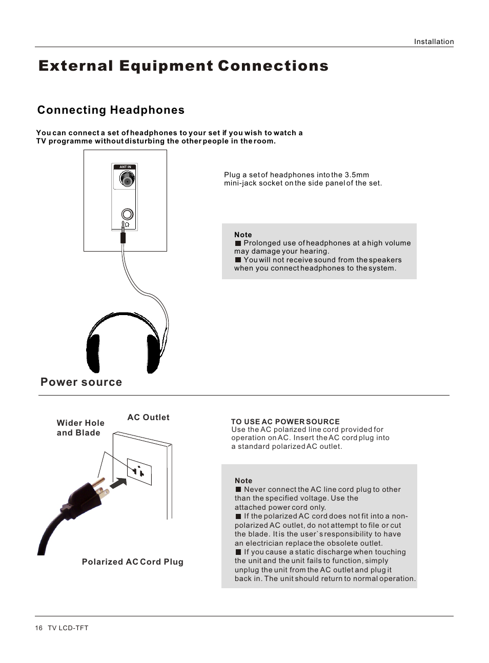 Т³гж 16, External equipment connections, Connecting headphones | Power source | haier HL32R User Manual | Page 16 / 42