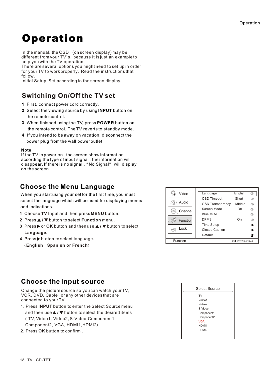 Т³гж 18, Operation, Choose the menu language | haier HL32R User Manual | Page 18 / 42