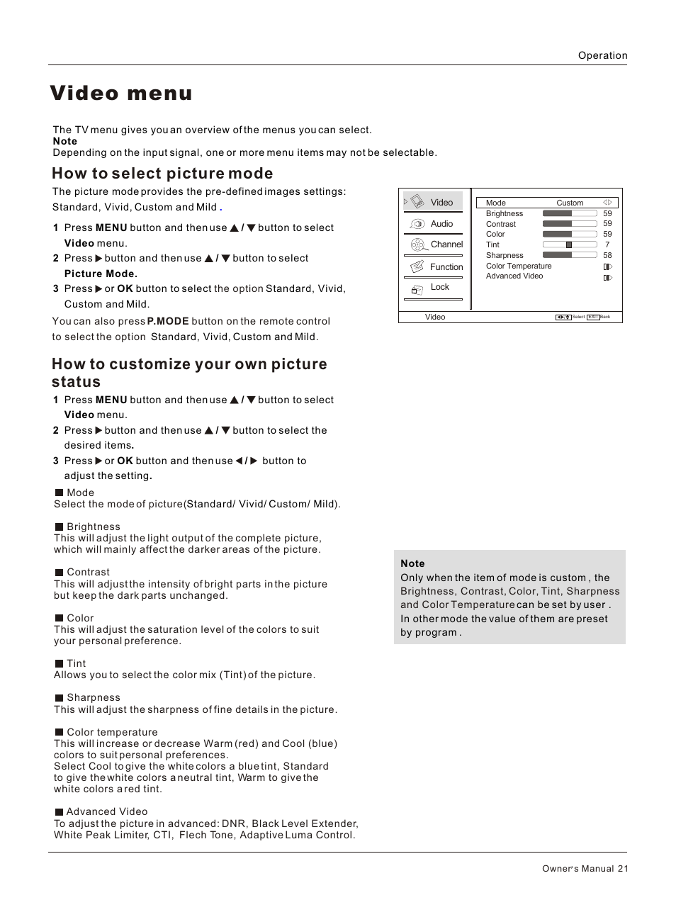 Т³гж 21, Video menu, How to customize your own picture status | How to select picture mode | haier HL32R User Manual | Page 21 / 42