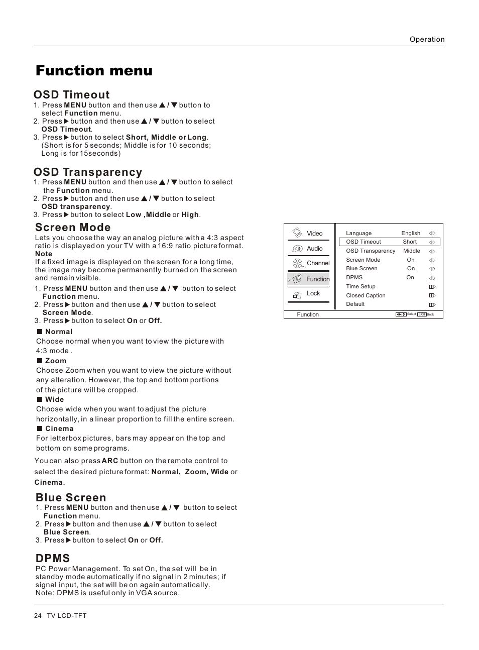 Т³гж 24, Function menu, Screen mode | Blue screen, Dpms, Osd timeout, Osd transparency | haier HL32R User Manual | Page 24 / 42
