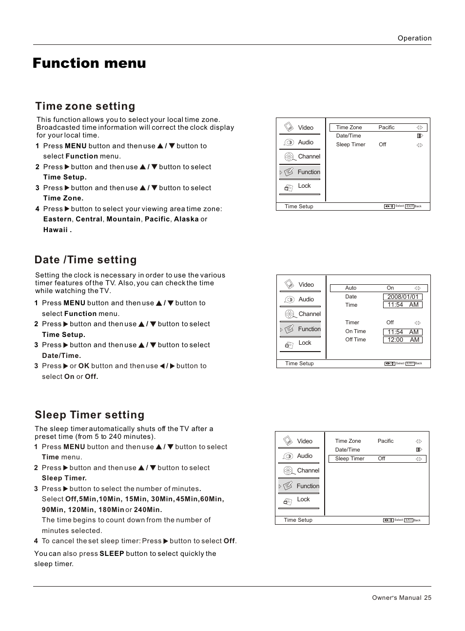 Т³гж 25, Function menu, Sleep timer setting | Date /time setting, Time zone setting | haier HL32R User Manual | Page 25 / 42