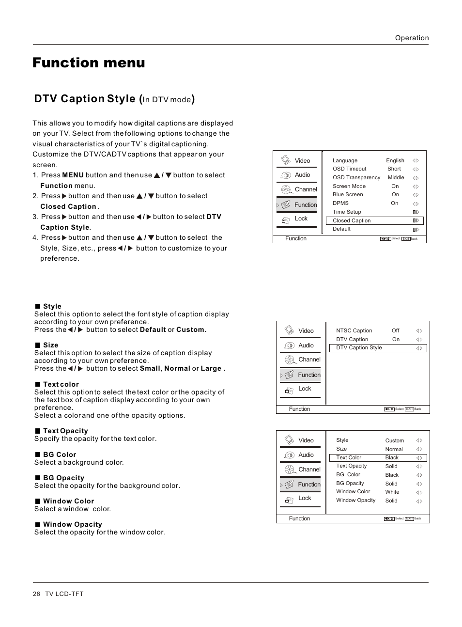Т³гж 26, Function menu, Dtv caption style | haier HL32R User Manual | Page 26 / 42