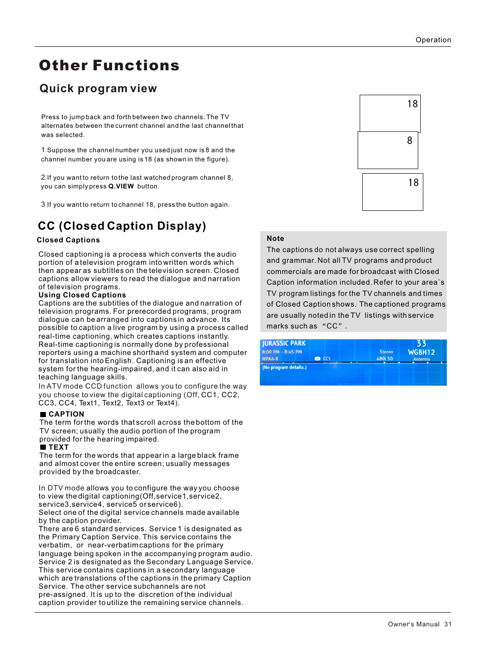 Т³гж 31, Other functions, Cc (closed caption display) | Quick program view | haier HL32R User Manual | Page 31 / 42