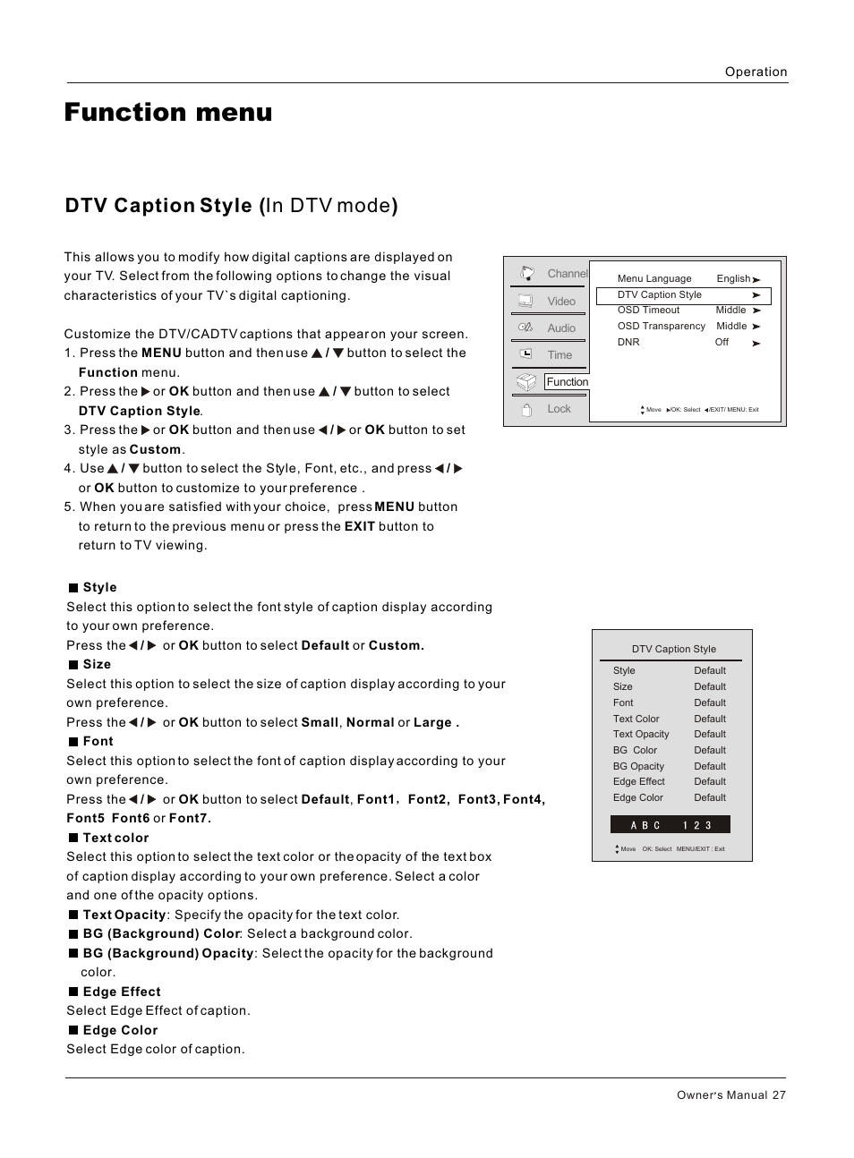 Т³гж 27, Function menu, Dtv caption style ( in dtv mode ) | haier HLC32 User Manual | Page 27 / 52