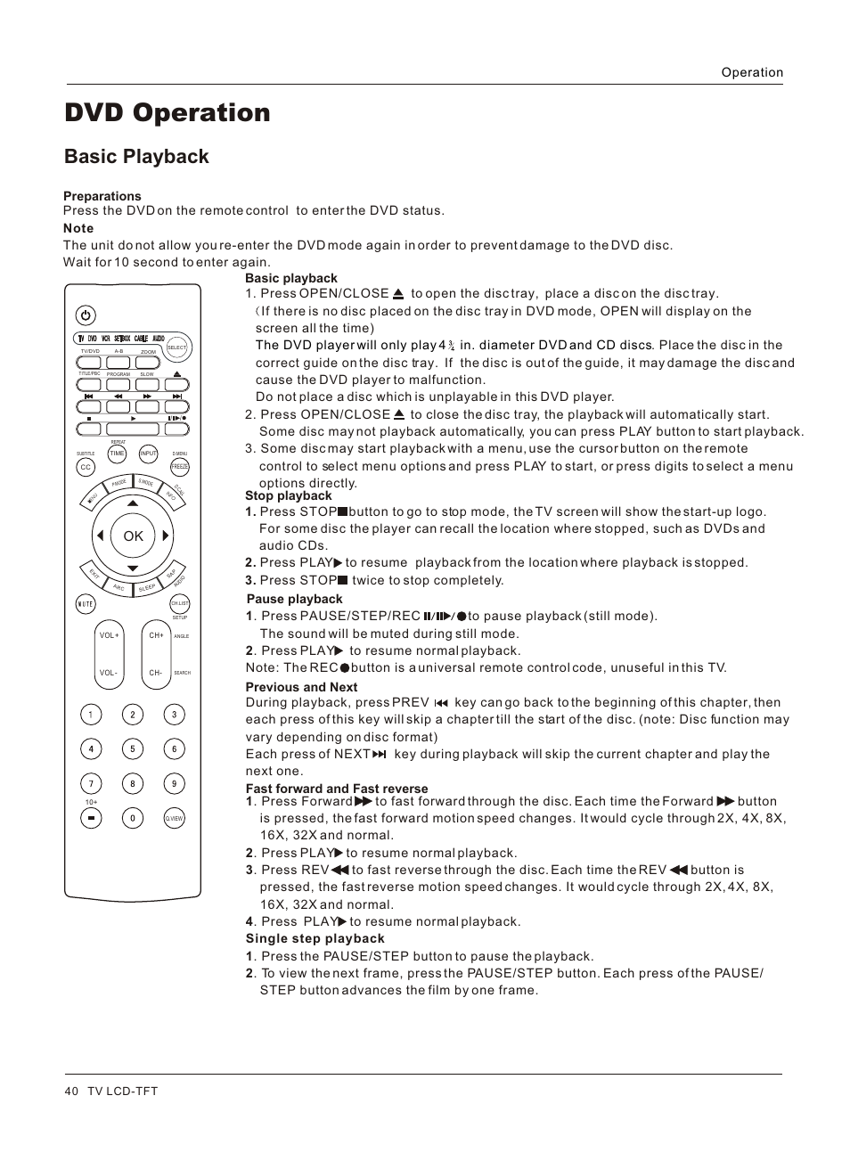 Т³гж 40, Dvd operation, Basic playback | Operation | haier HLC32 User Manual | Page 40 / 52