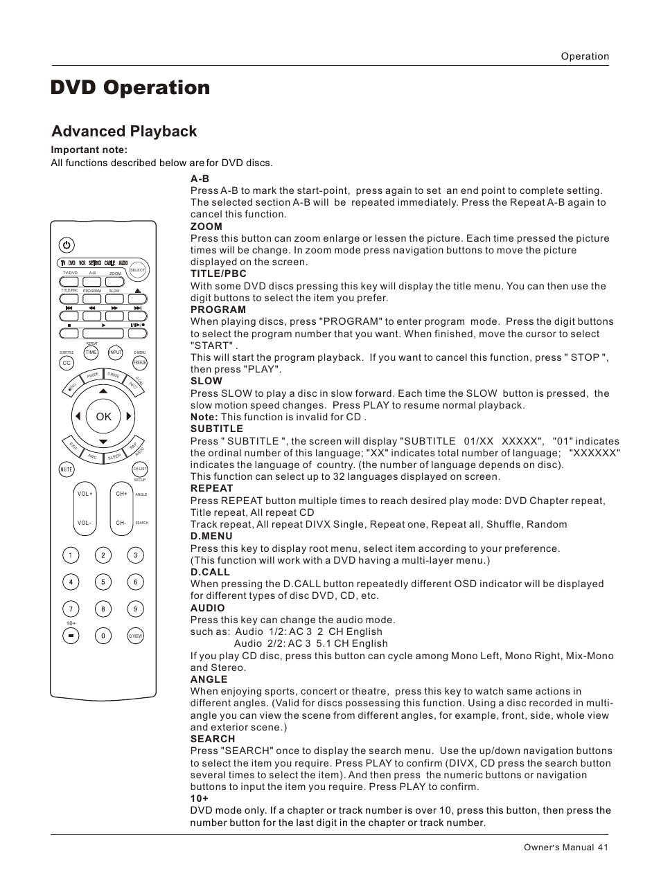 Т³гж 41, Dvd operation, Advanced playback | Operation, Owner s manual 41 | haier HLC32 User Manual | Page 41 / 52